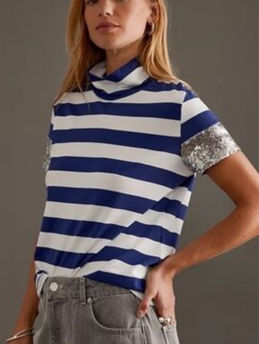 Maeve Anthropologie Sequin Sleeve Mock Neck Top S